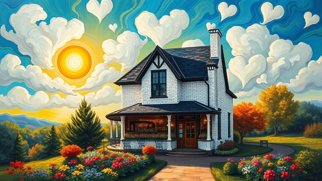 Dreamlike Victorian Coffee Shop in a Whimsical Sky