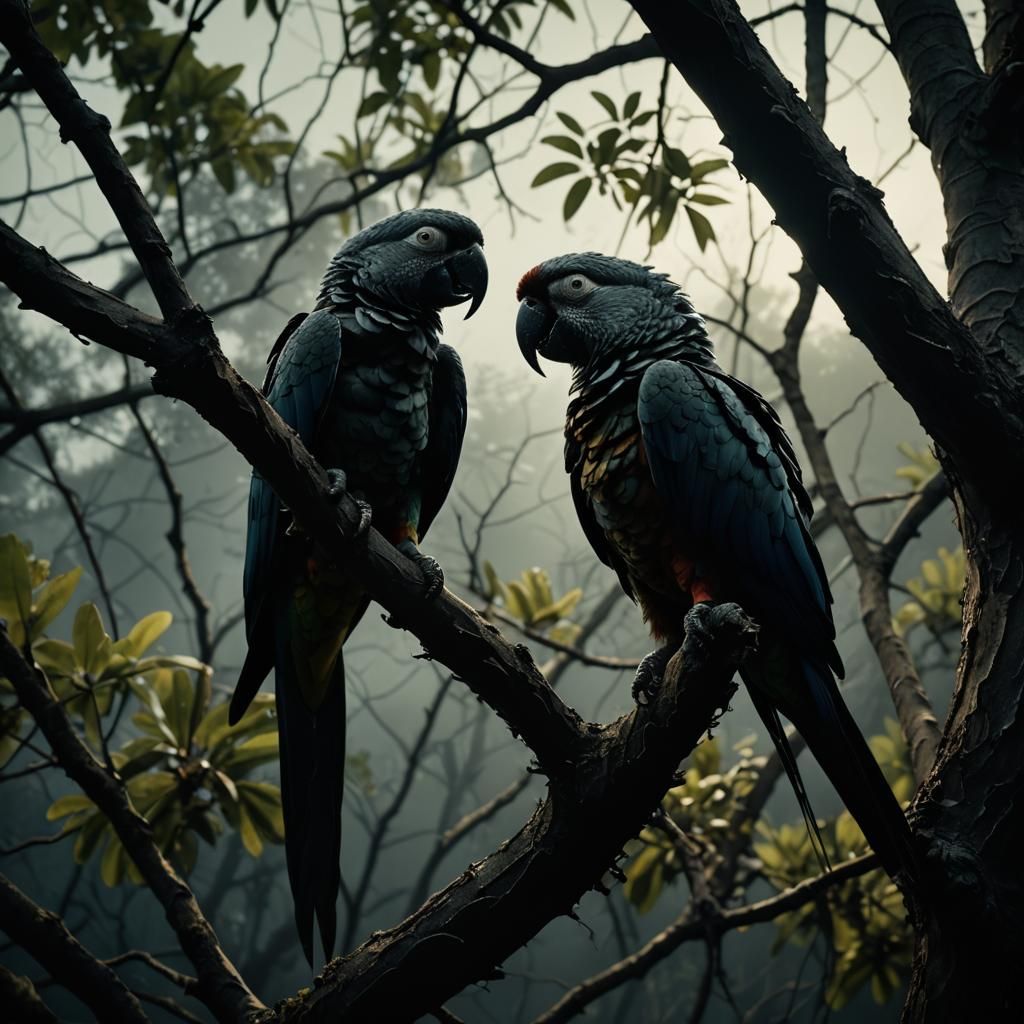 Ominous Parrot Perched in Shadowy Tree