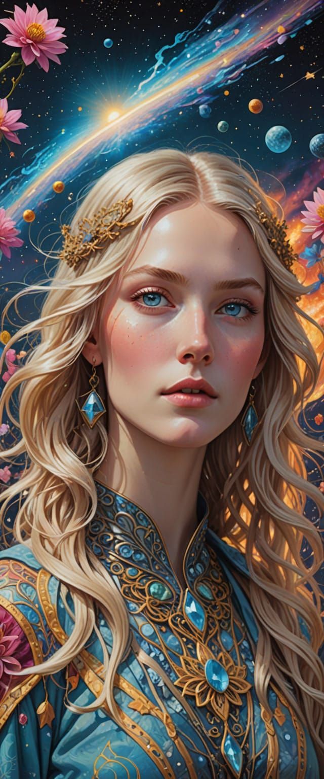 Surreal Nordic Goddess Reigns in Cosmic Rainbow Glory