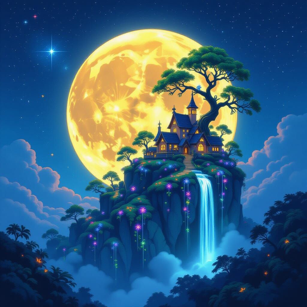 Magical Crystal Moon Village with Bioluminescent Vines