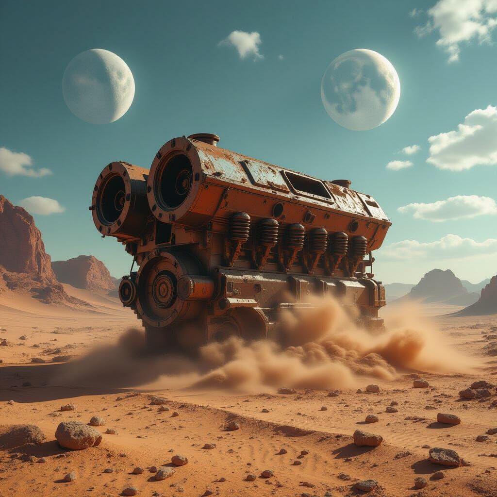Colossal V8 Engine in Alien Desert Under Twin Moons