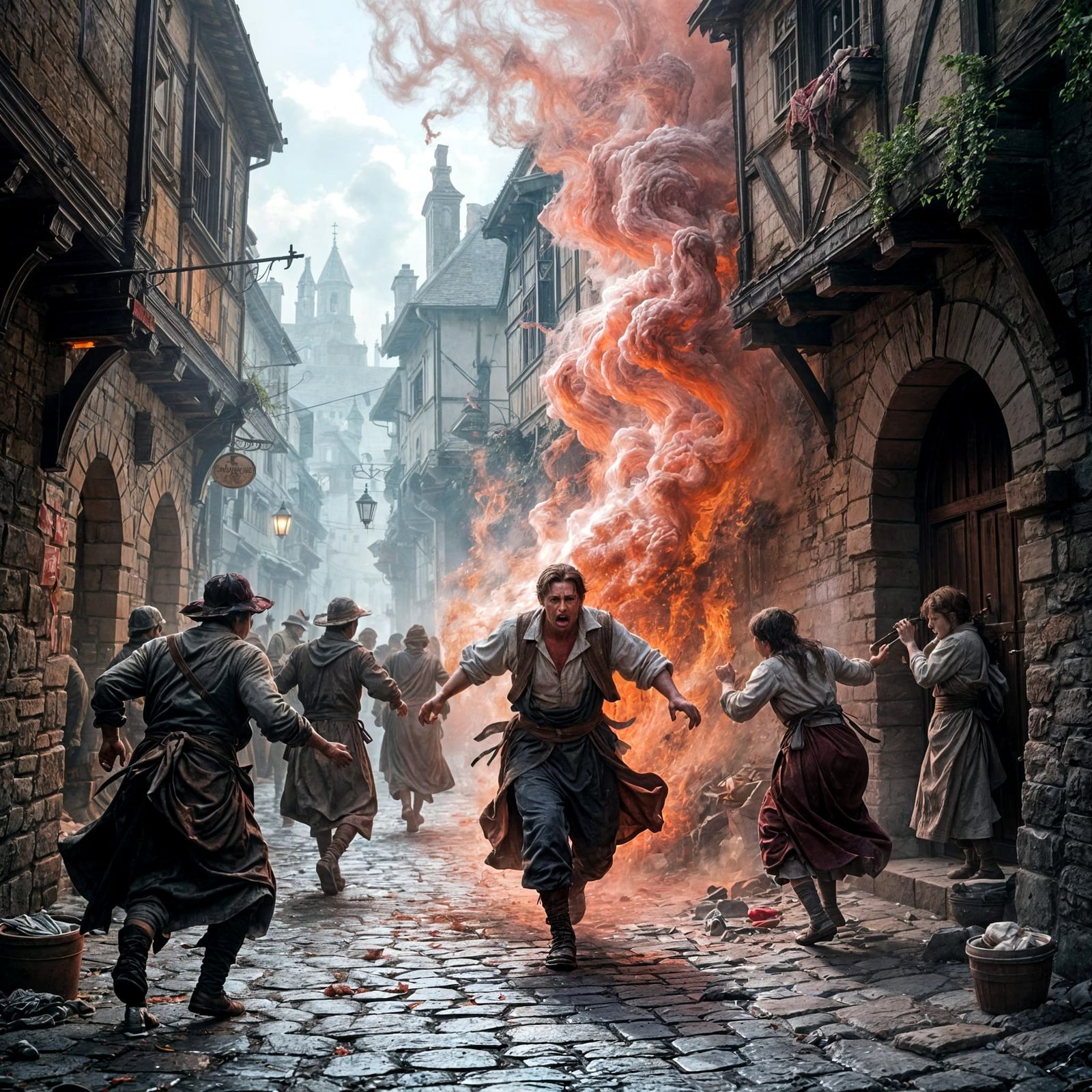 Sentient Scarlet Mist Engulfs City Streets in Matte Painting