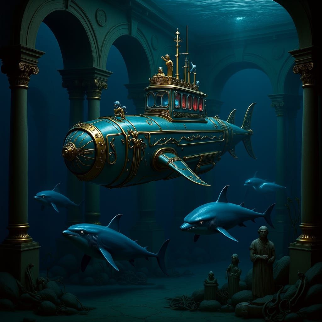 Cyber-Baroque Nautilus in Submerged Cityscape