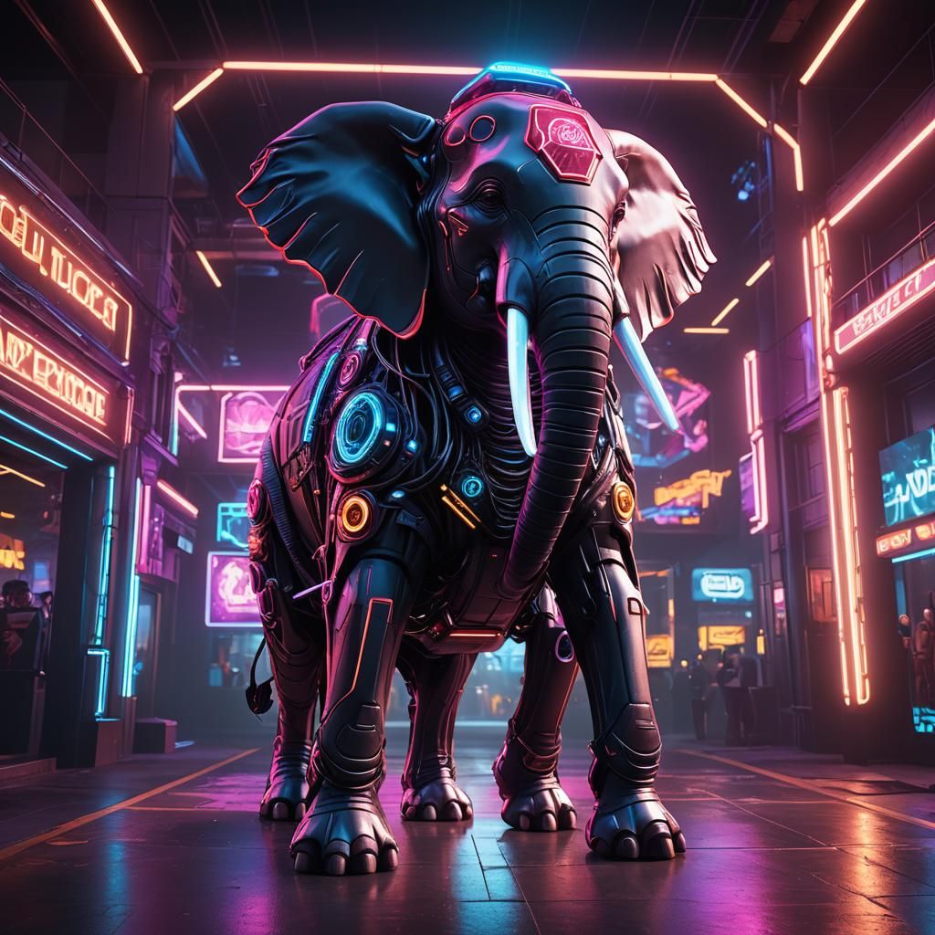 Cybernetic Elephant Bouncer at Neon Nightclub Entrance