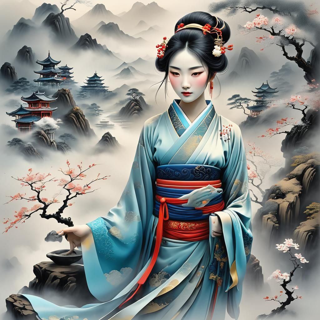 Misty Oriental Dreamscape in Ukiyo-E 3D Style