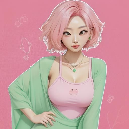 Cute Cartoon Asian Girl in Pastel Pink