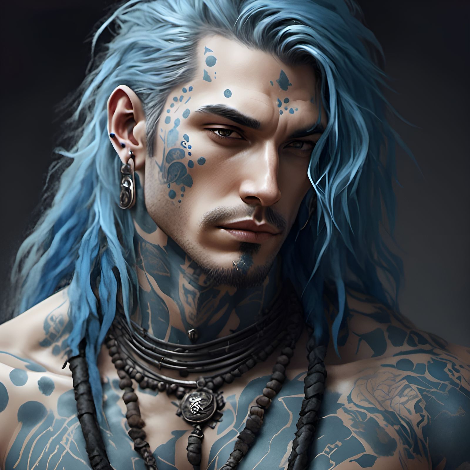 Handsome Man with Blue Hair and Dot Tattoos