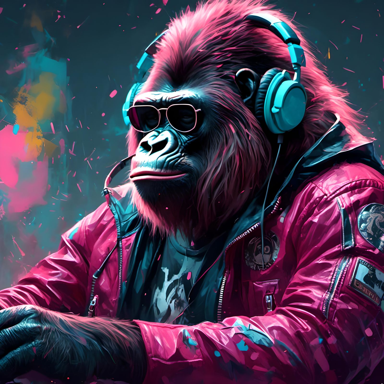 Stylish Gorilla Listens to Music in Dark Room