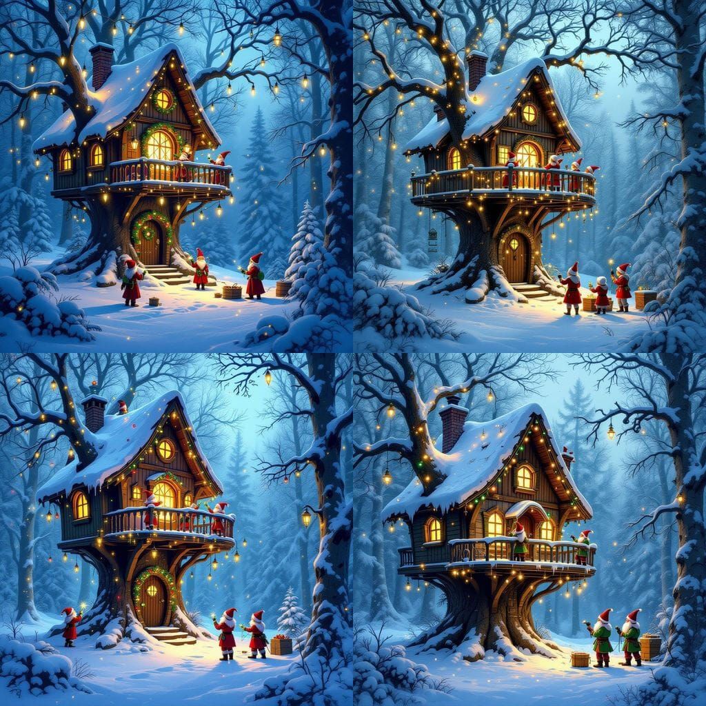 Whimsical Cyberpunk Treehouse in Snowy Forest