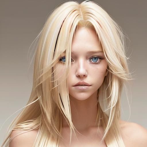Sun-bleached blonde with a natural, highlighted appearance. The hair should be long and windblown, with lighter strands ...