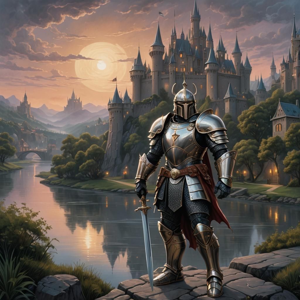 Armored Warrior Guarding Castle in Twilight, Digital Art