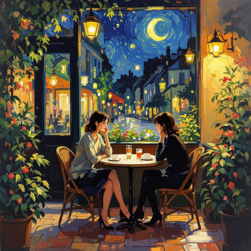 Night Cafe Scene in Impasto Style