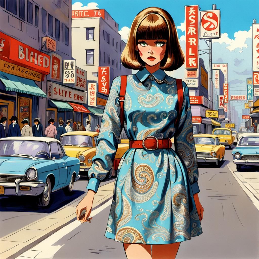 Paisley Fashion in Mod Street Scene: Anime Art