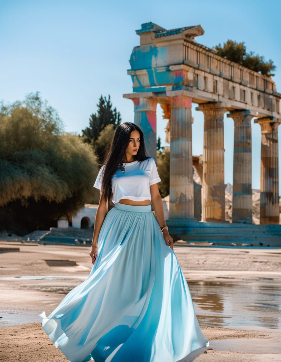 Girl Posing by Greek Monument in Graffiti Art