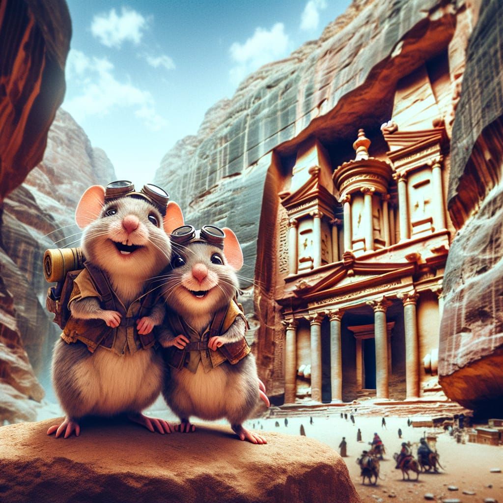 Joyful Archaeologist Mice Explore Petra's Ancient Grandeur i...