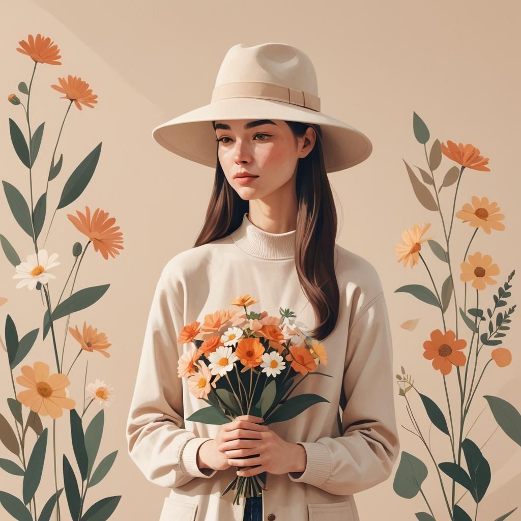 Flat Illustration of Girl with Flowers in Minimalist Room