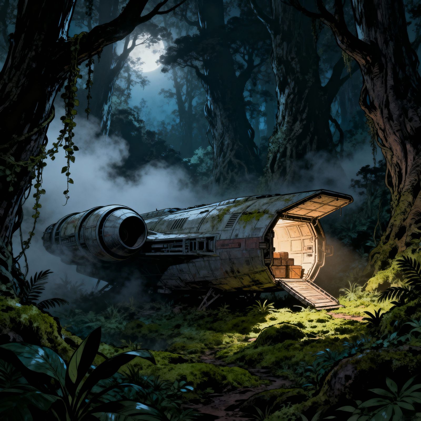 Serenity Spaceship Lands in Misty Night Forest Comic Style