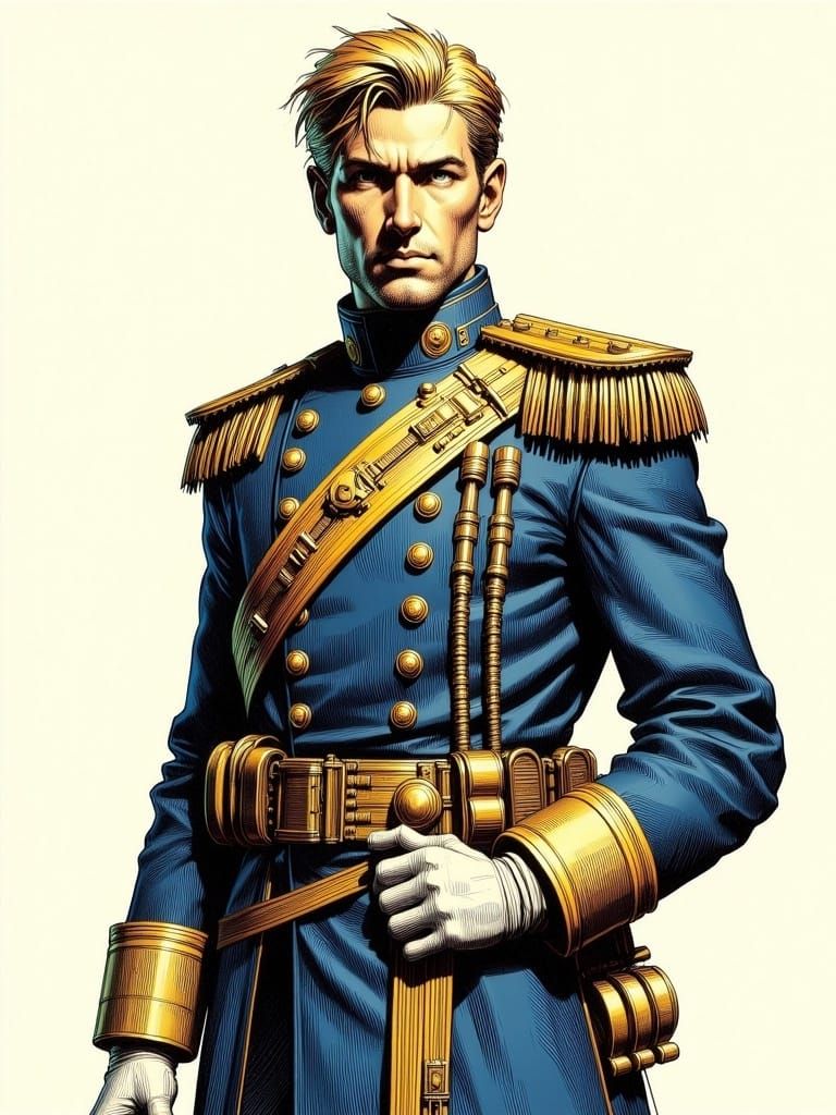 Moebius-Style Officer in Blue Uniform, Comic Art