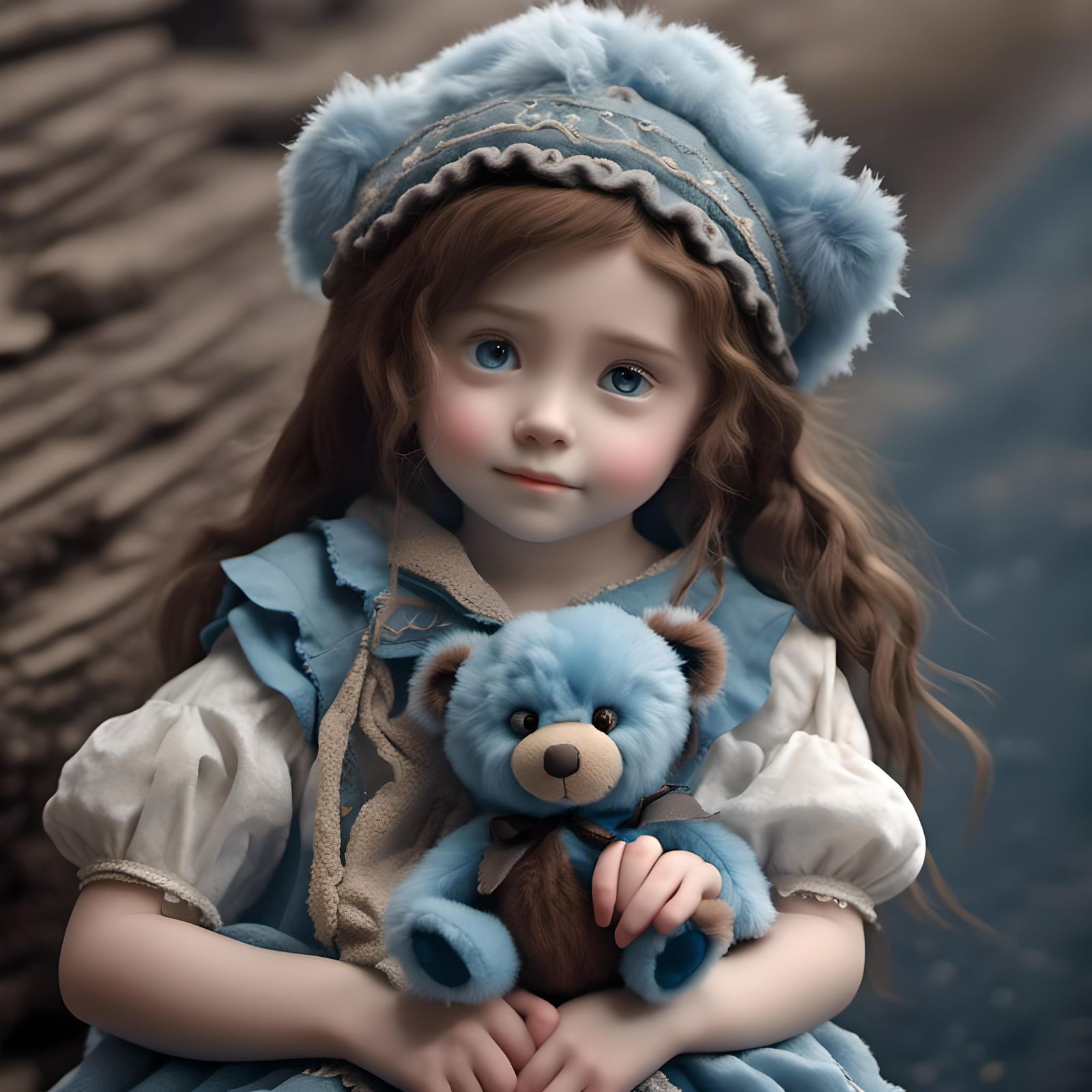 Cute stuffed blue teddy bear, well worn and loved, held by a...