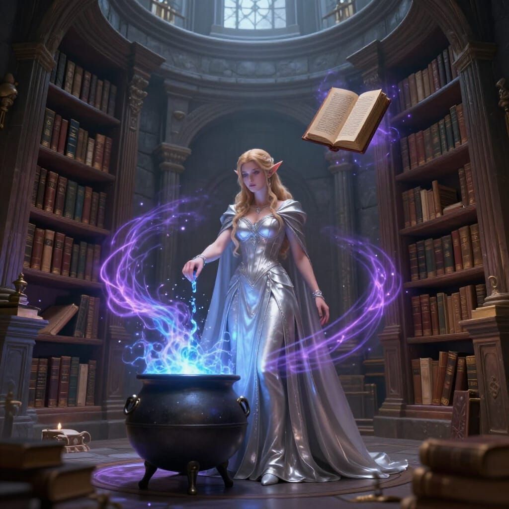 Elf Wizard in Stone Tower Stirring Cauldron