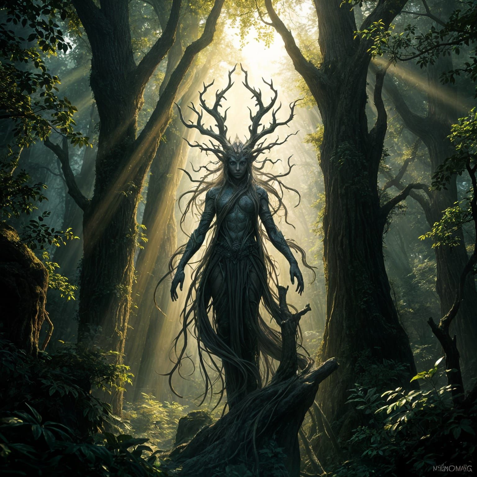 Epic Fantasy Figure Rises Through Forest Canopy