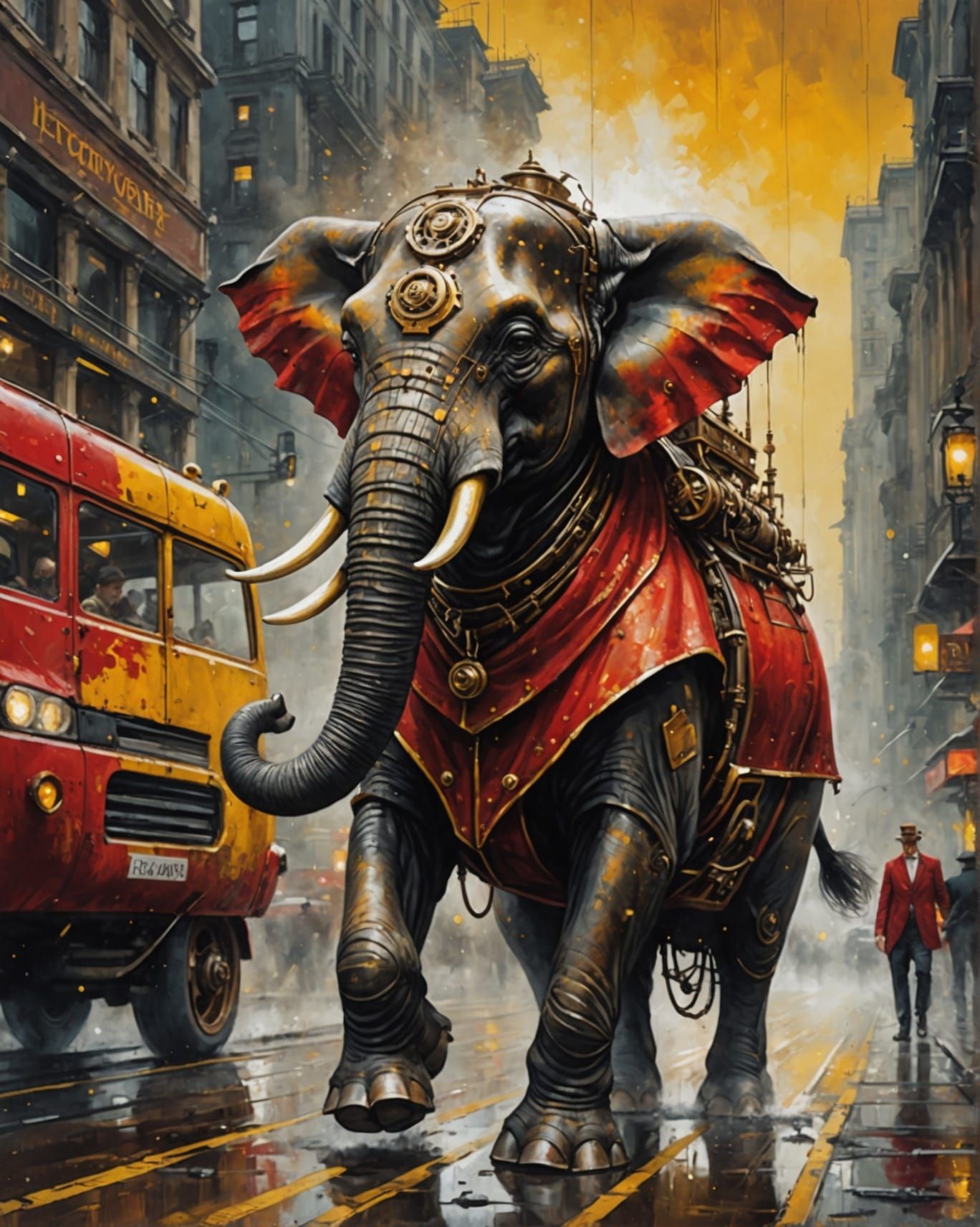 Steampunk Elephant Races Through a Vivid City