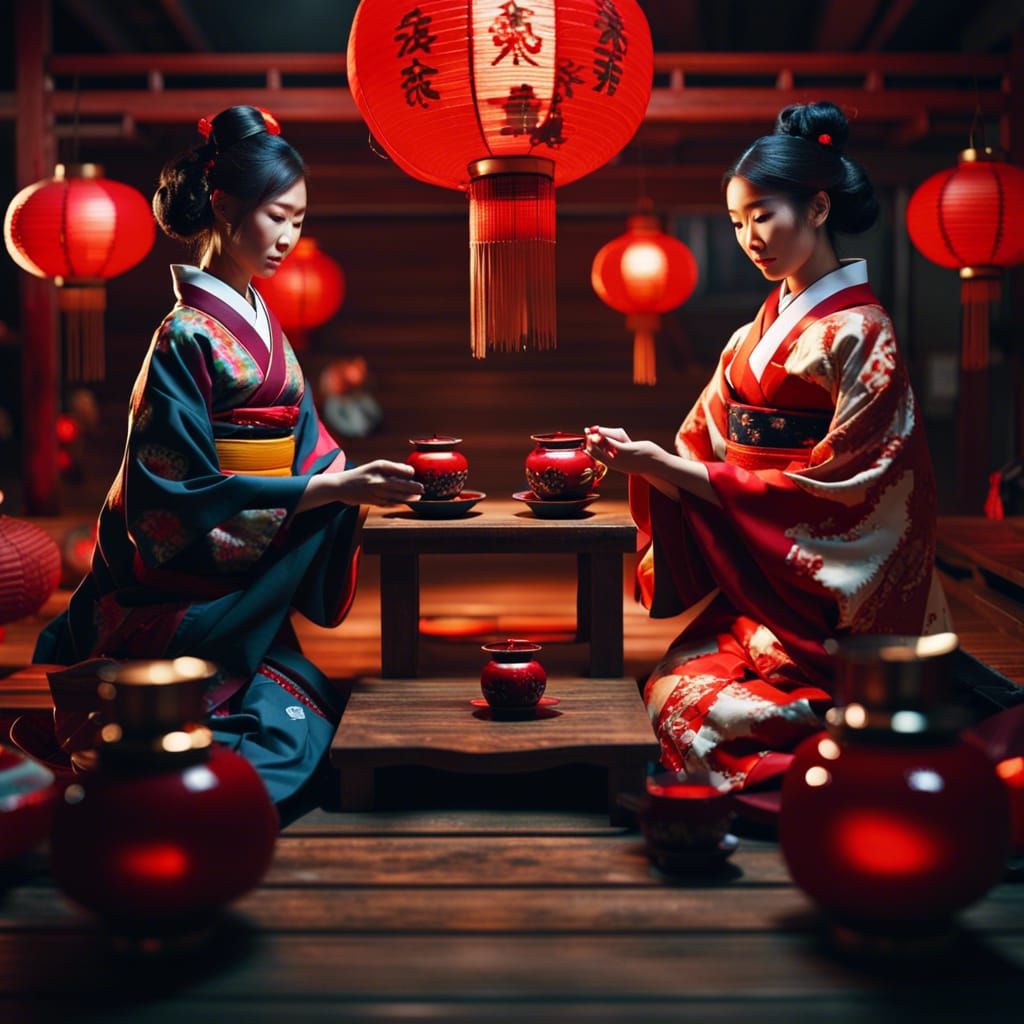 Traditional tea ceremony of Beautiful Japanese women in traditional dress, red lanterns!!!