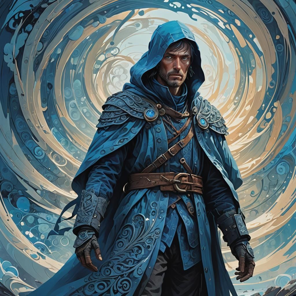 Blue Figure in Swirling Fantasy Art