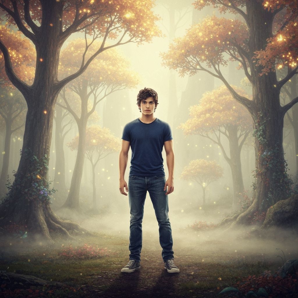 Heroic Percy Jackson in Mystical Dreamlike Landscape