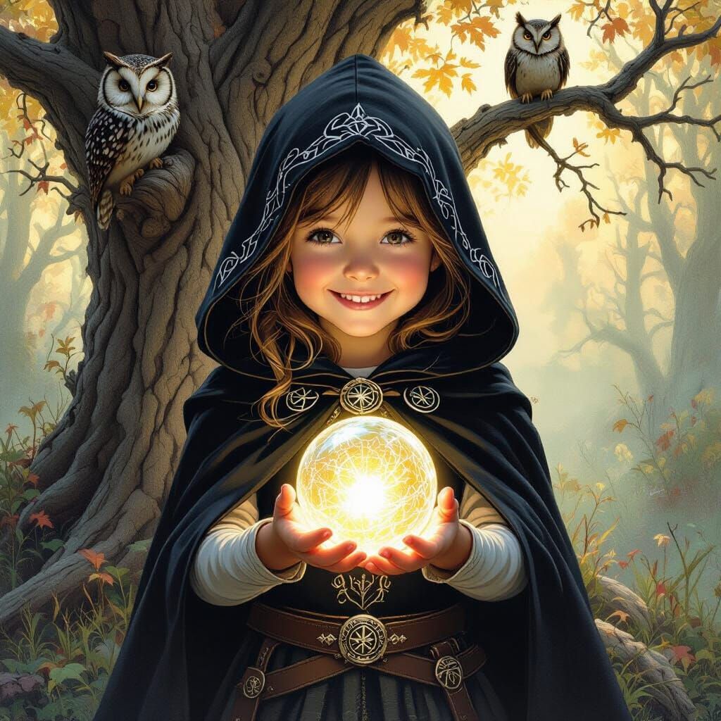 Girl with Crystal Ball in Magical Forest