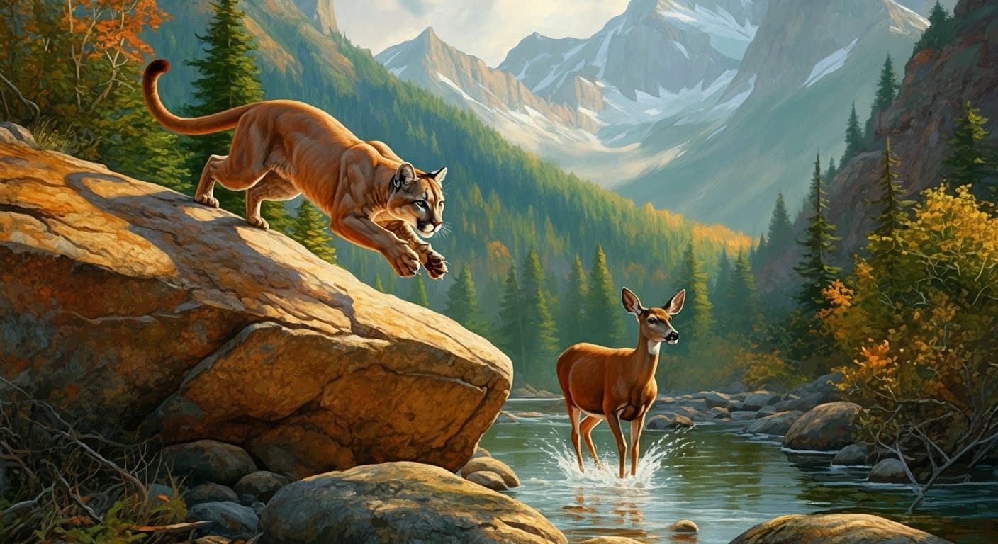 Majestic Mountain Lion Leaps in Fantasy Oil Painting Style