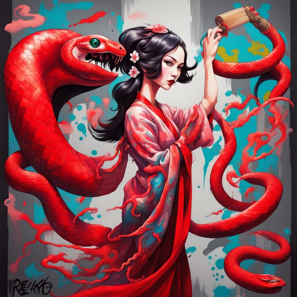 Reiko Shimizu Style Snake Lady with Fan