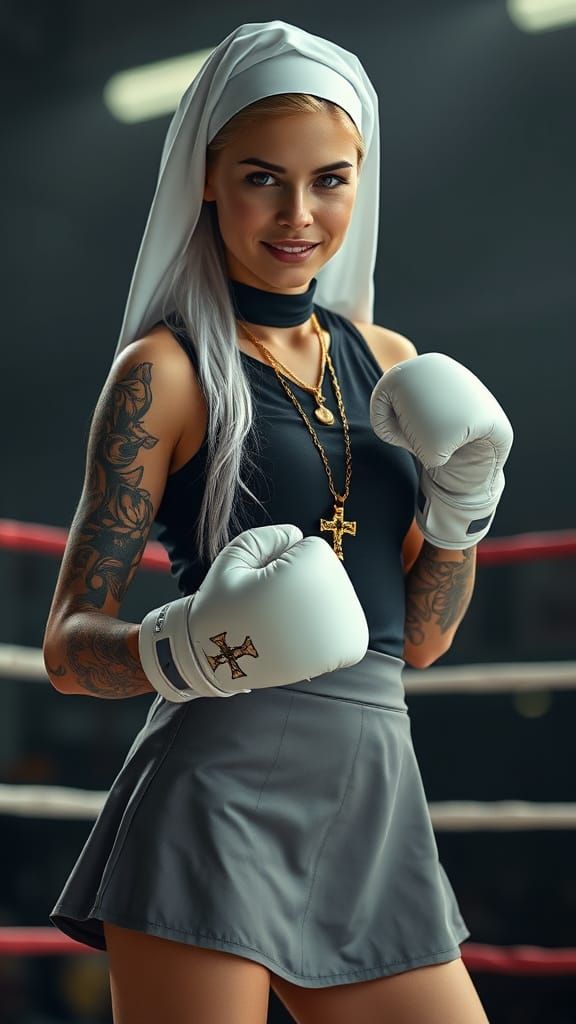 Hyper-Realistic Portrait of a Nun Girl in a Boxing Stance
