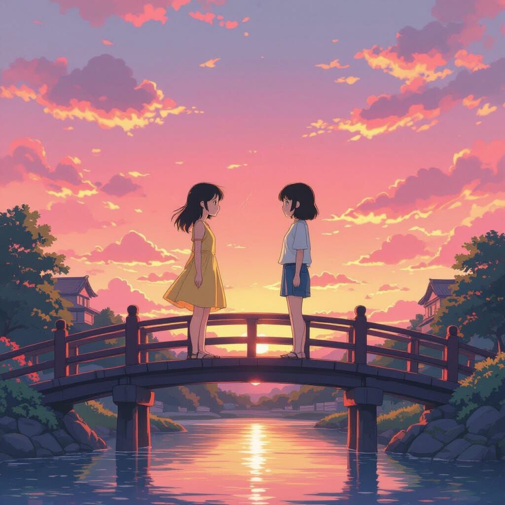Anime Girls on Japanese Bridge at Sunset