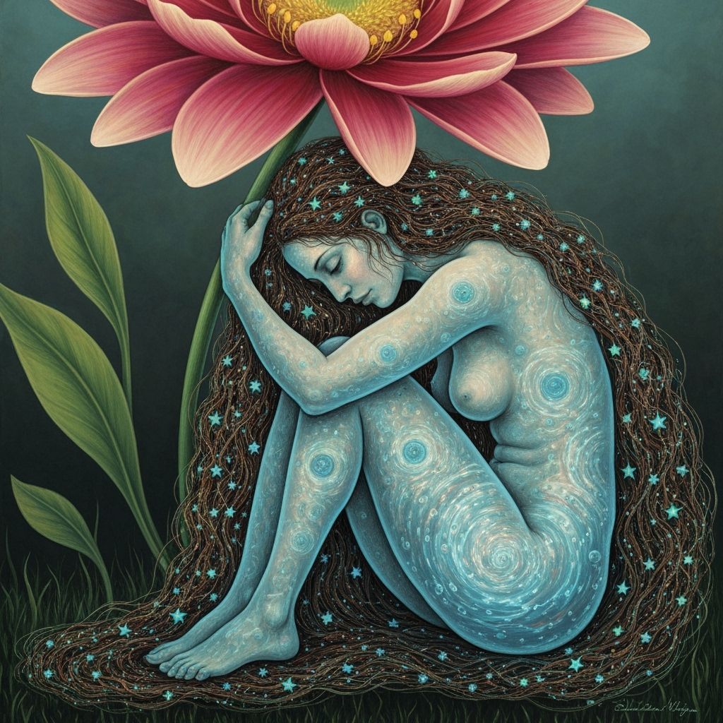 Surreal Woman Under Flower With Star Hair and Inner Water
