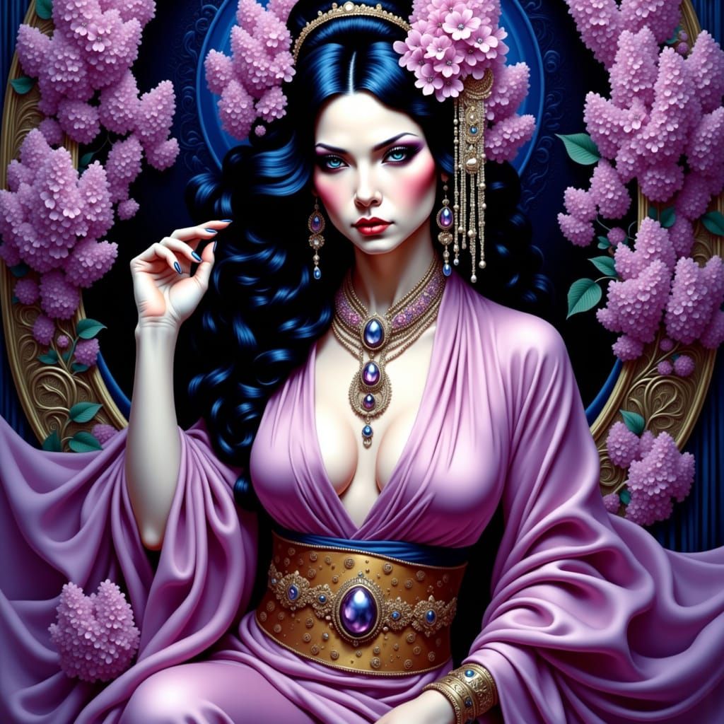 Ethereal Geisha Princess in Vibrant Lilac Garden