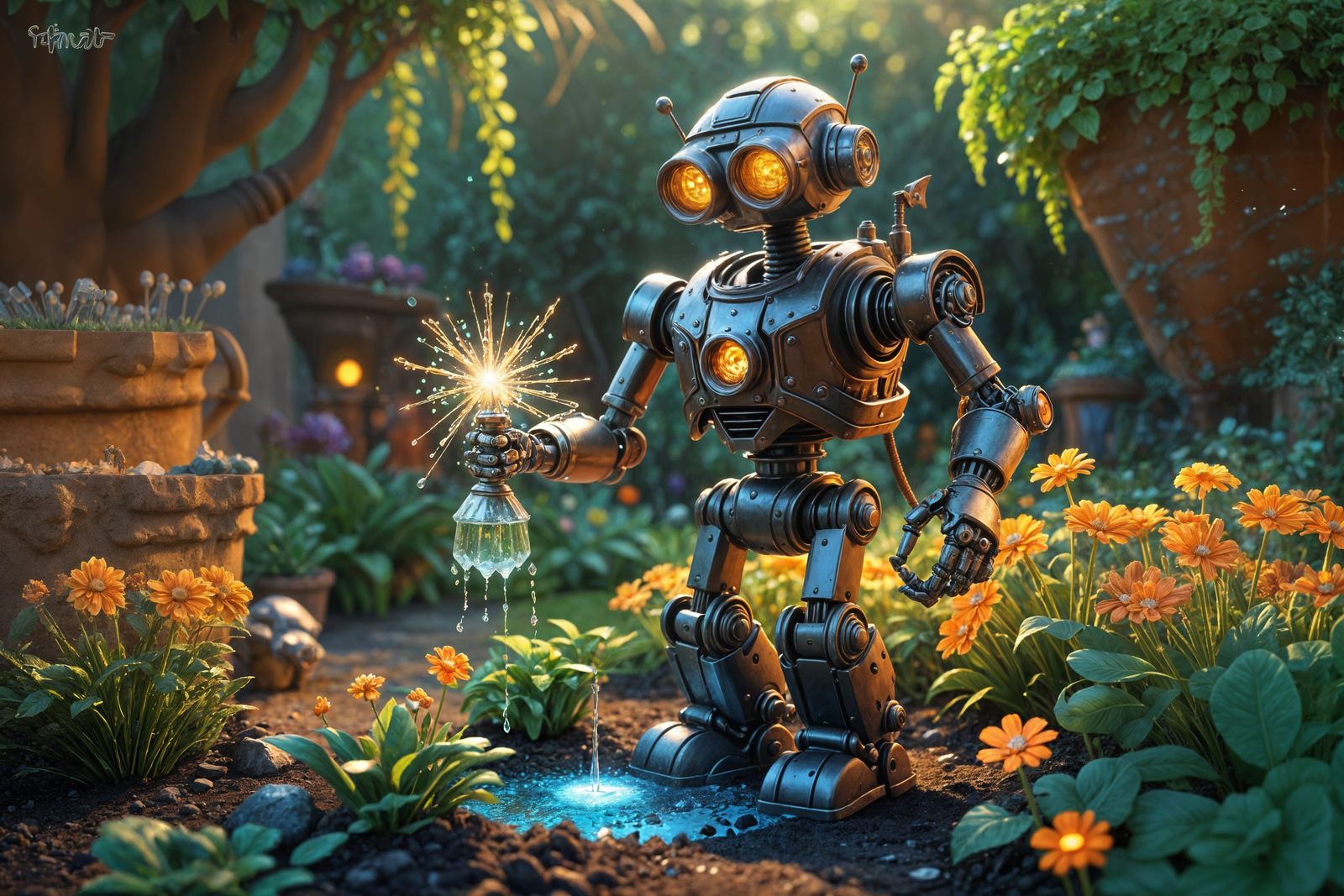 Steampunk Robot Gardener with Glowing Crystals as 3D Art