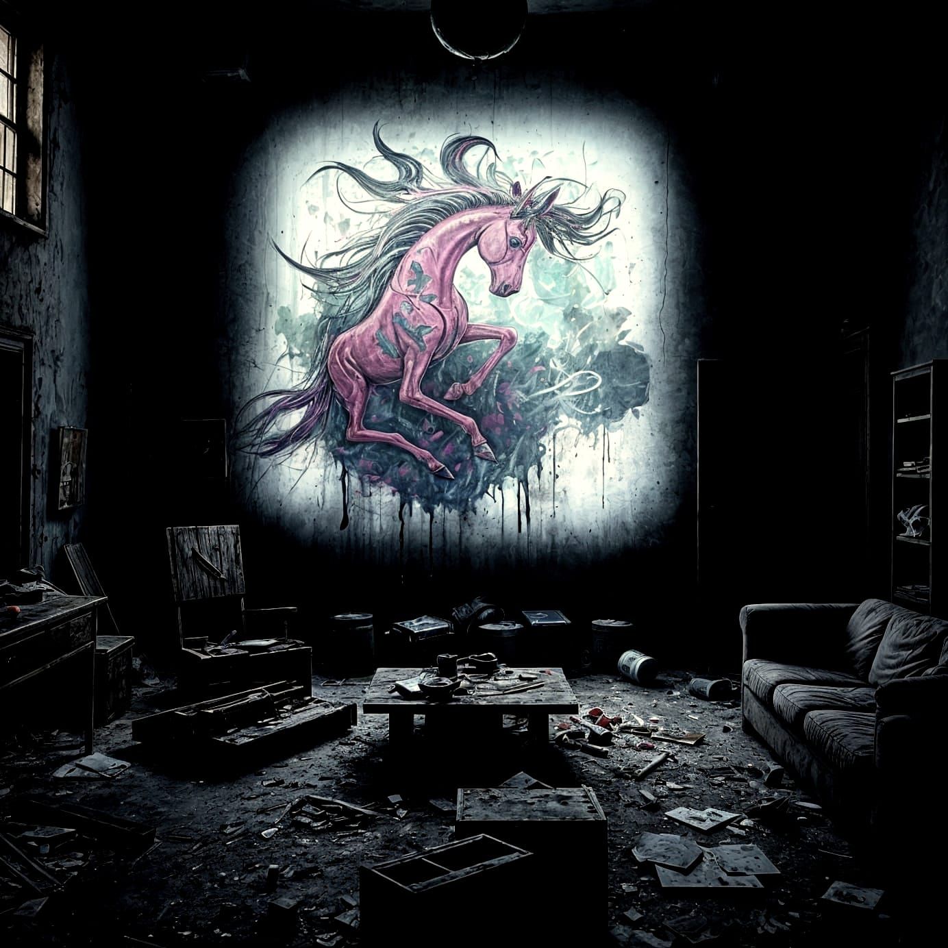 An Abandoned House With a Horse Graffiti