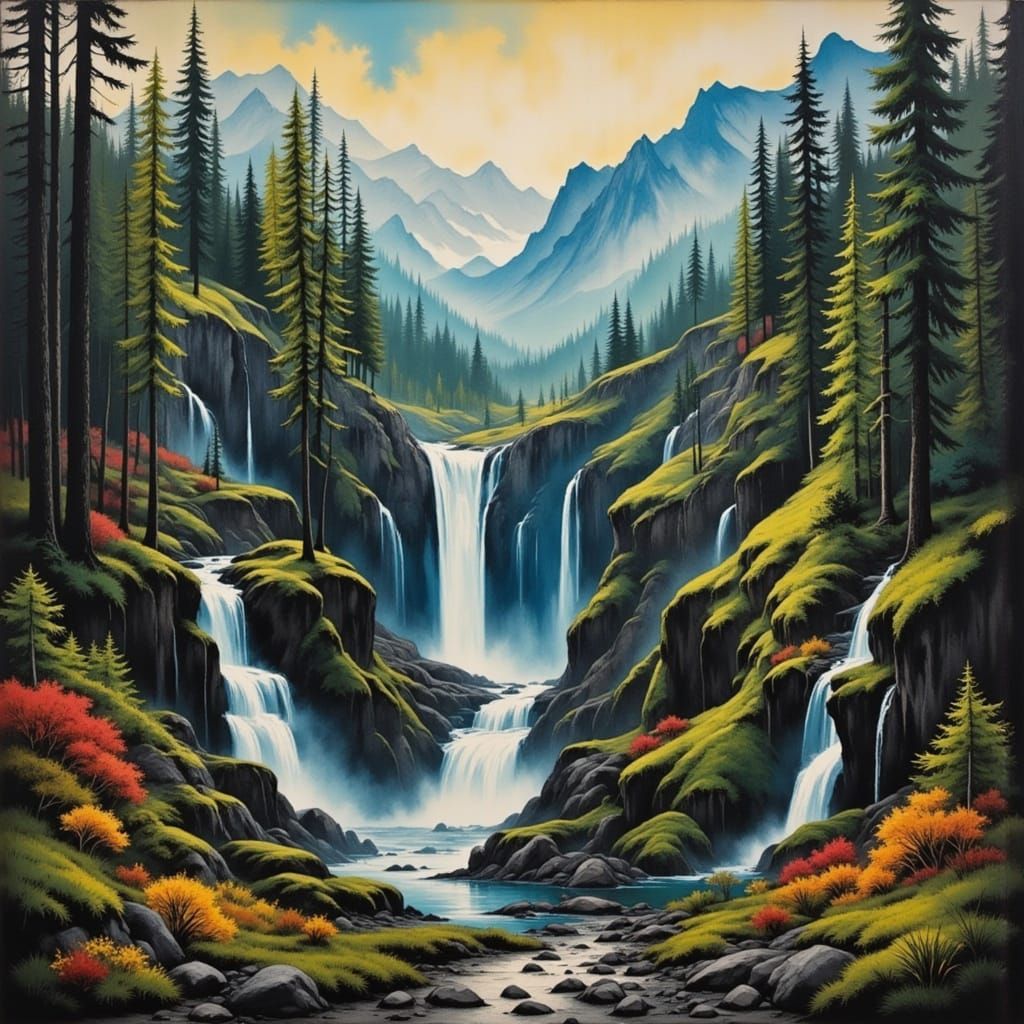 Romantic Waterfall Landscape in Whimsical Style