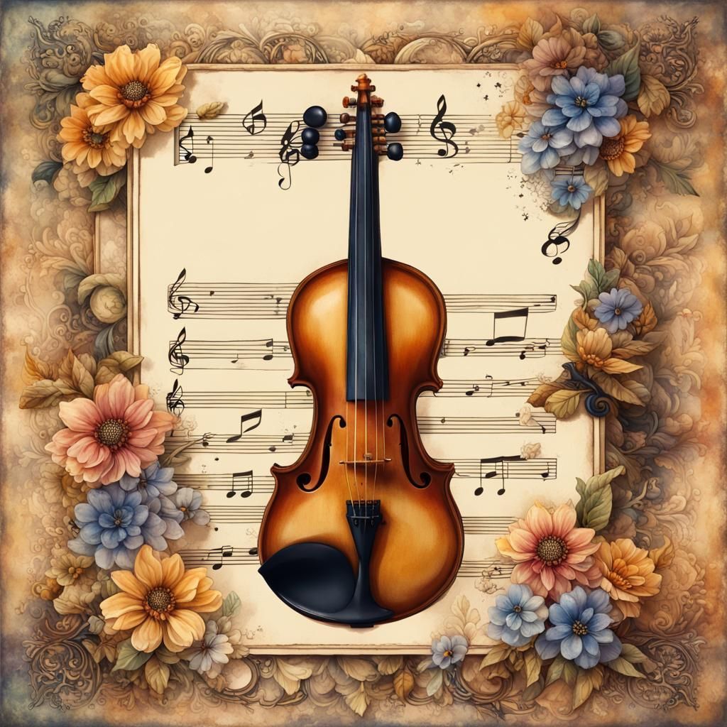 Steampunk Notebook Page with Flowers and Music