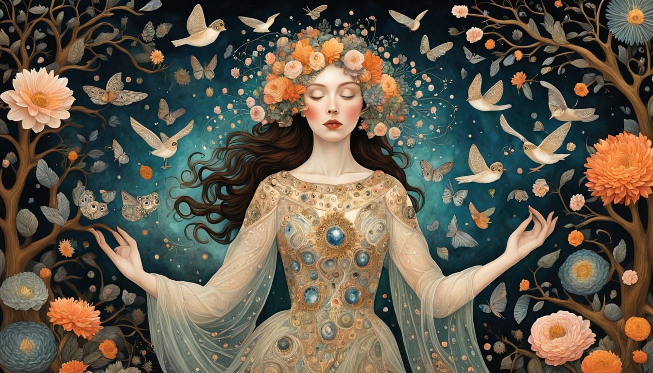 Flower Goddess Awakens in Whimsical, Dreamlike Landscape