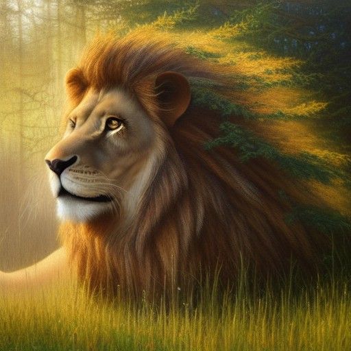 Mystical Forest Lion: Benevolent Creature in Oil Painting St...