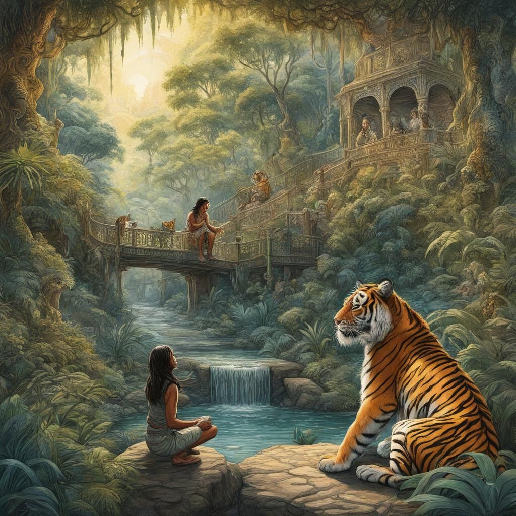 Mowgli Feeds a Tiger: Detailed Gouache Watercolor