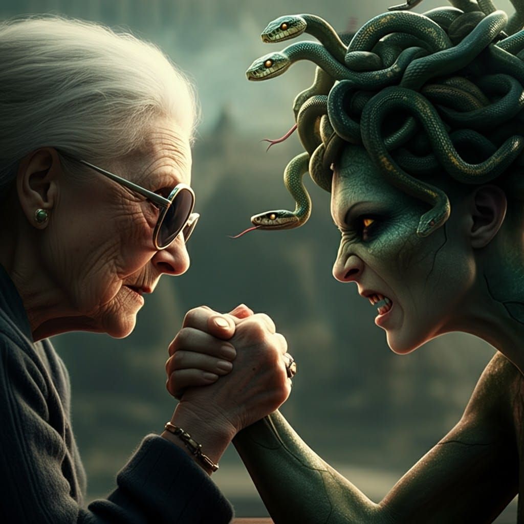 Elderly Woman Arm-Wrestling Medusa in Matte Painting