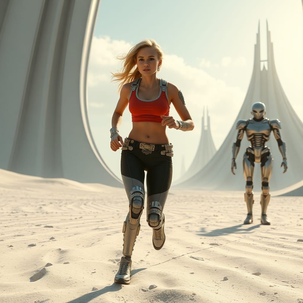 Girl and Android on Alien Beach in Sci-Fi Style