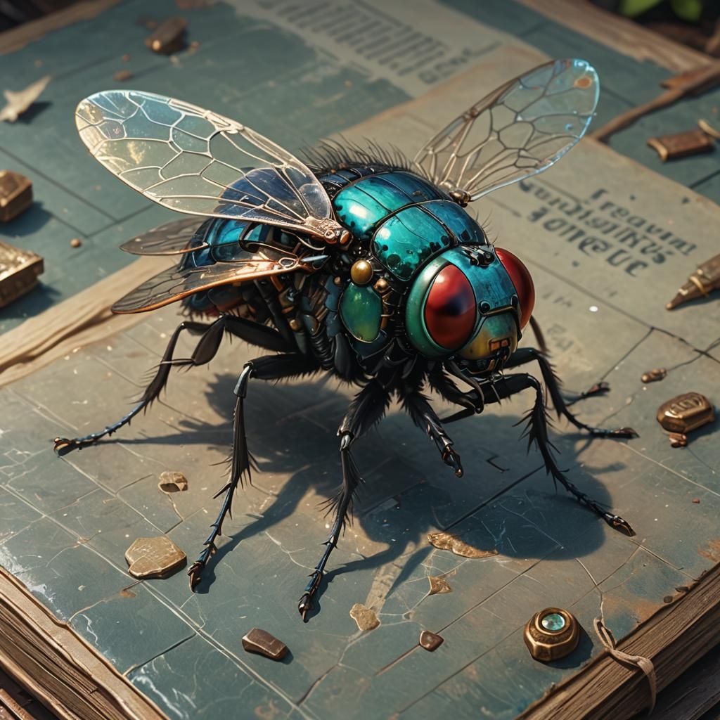 Hyper-Realistic Fly Studying Ancient Tome