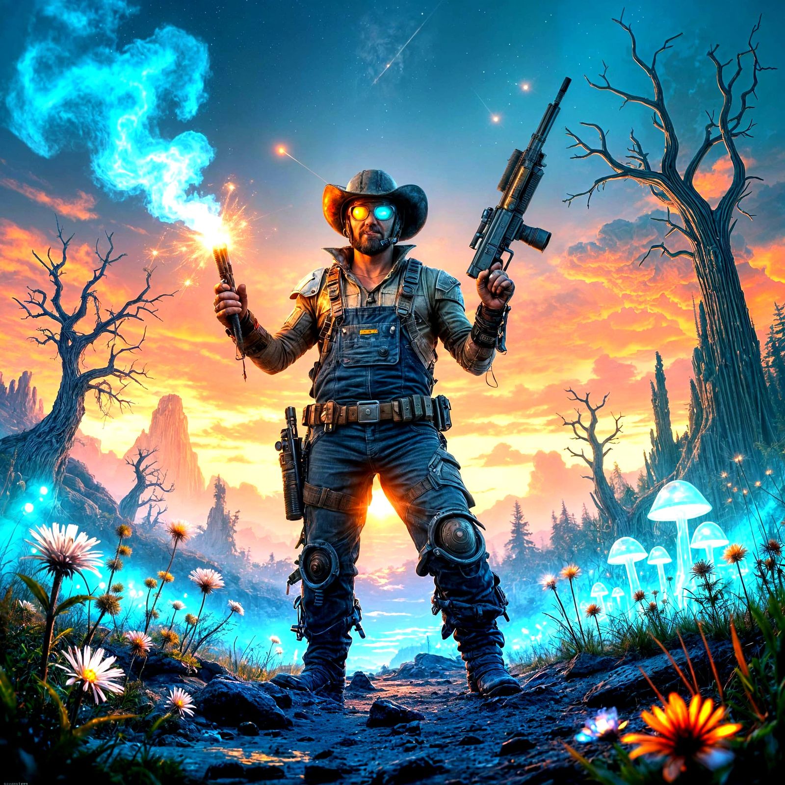 Futuristic Redneck with Dynamite on Alien Planet