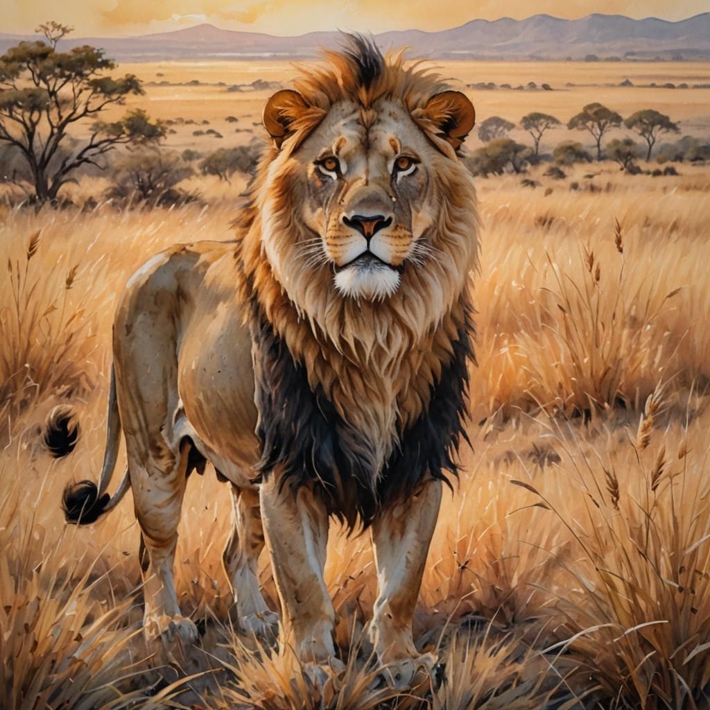 Majestic Lion in Savannah: Impressionistic Oil Painting