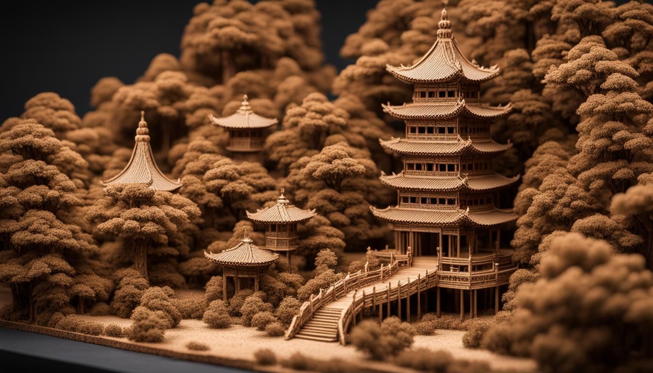 chinese cork sculpture of a pagoda in a forest