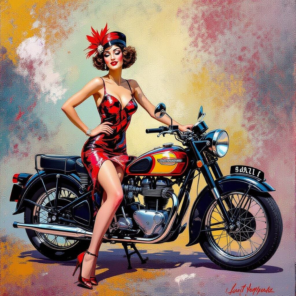1920s Lady with Motorcycle in Abstract Expressionism